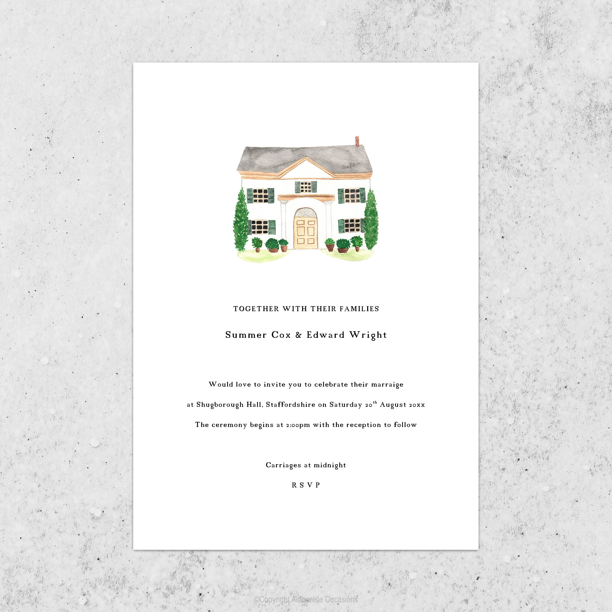 Evoke Watercolour Grand House Wedding Invitation