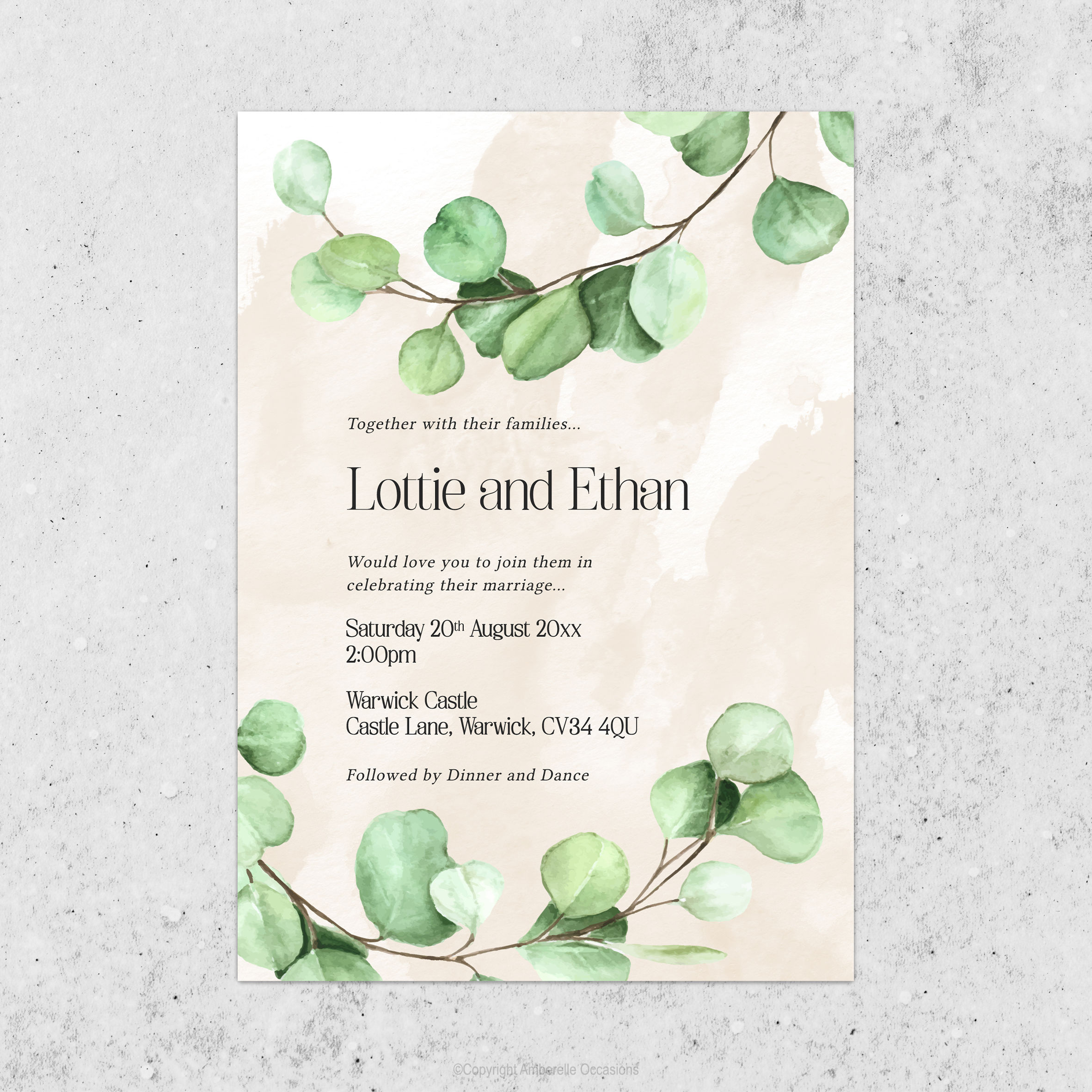 Evoke Eucalyptus Leaves Watercolour Wedding Invitation