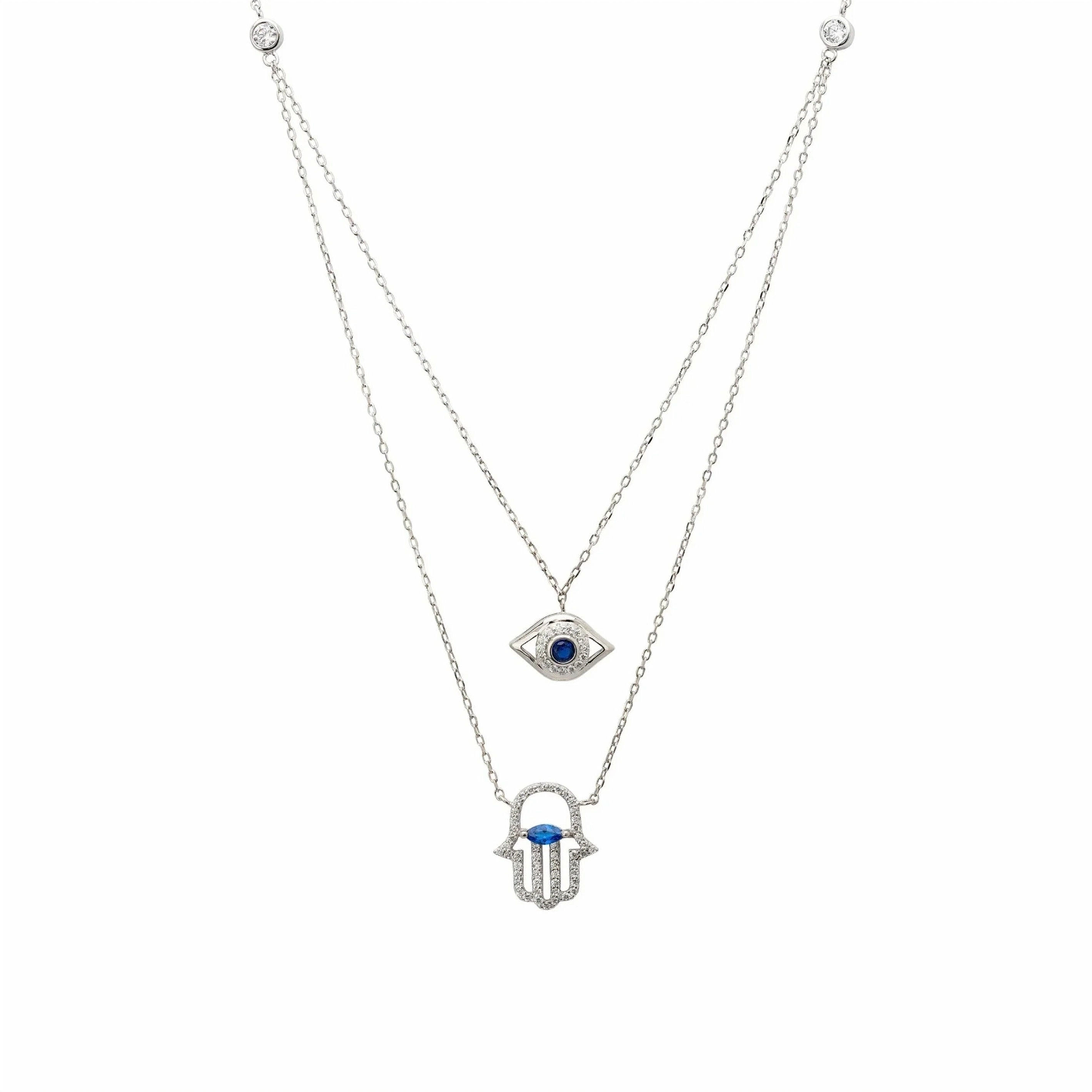 LATELITA HAMSA HAND AND EVIL EYE LAYERED CZ (SILVER) PENDANT NECKLACE
