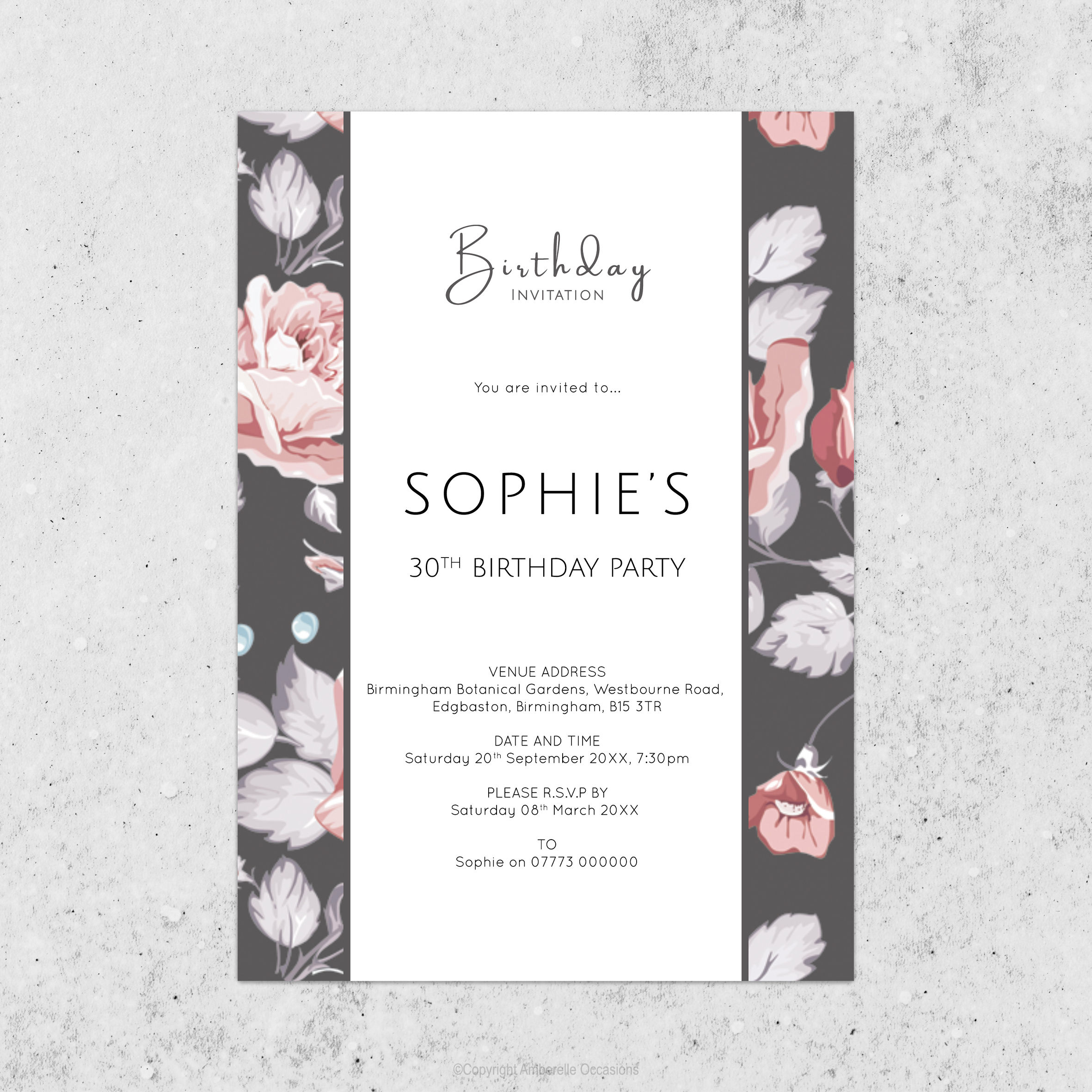 Evoke Grey & Pink Floral Birthday Invitation