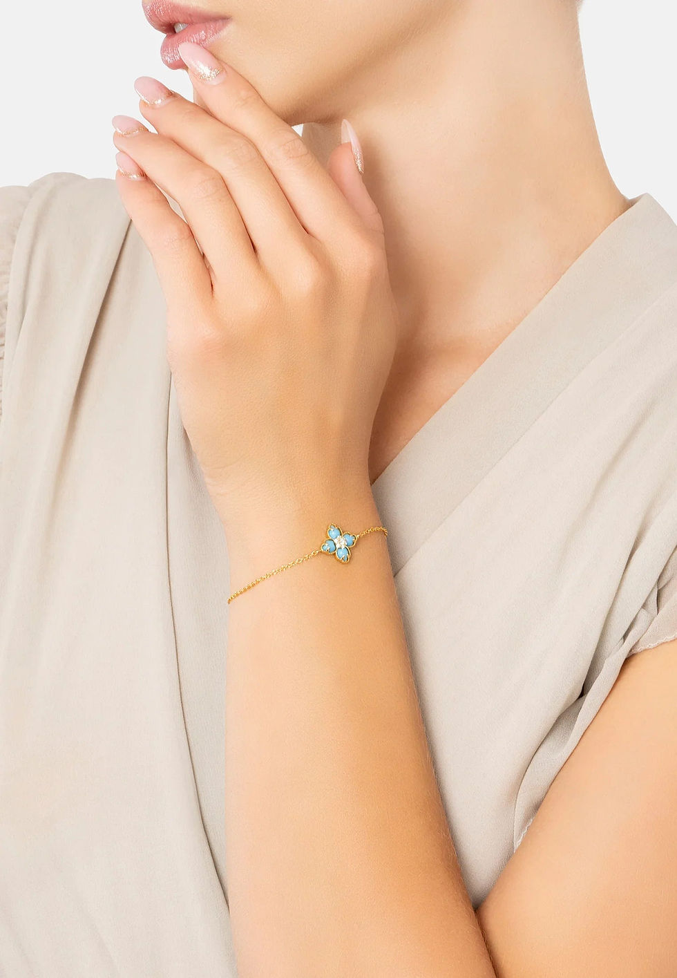 Thumbnail: LATELITA FLOWER CLOVER TURQUOISE CZ (GOLD) BRACELET