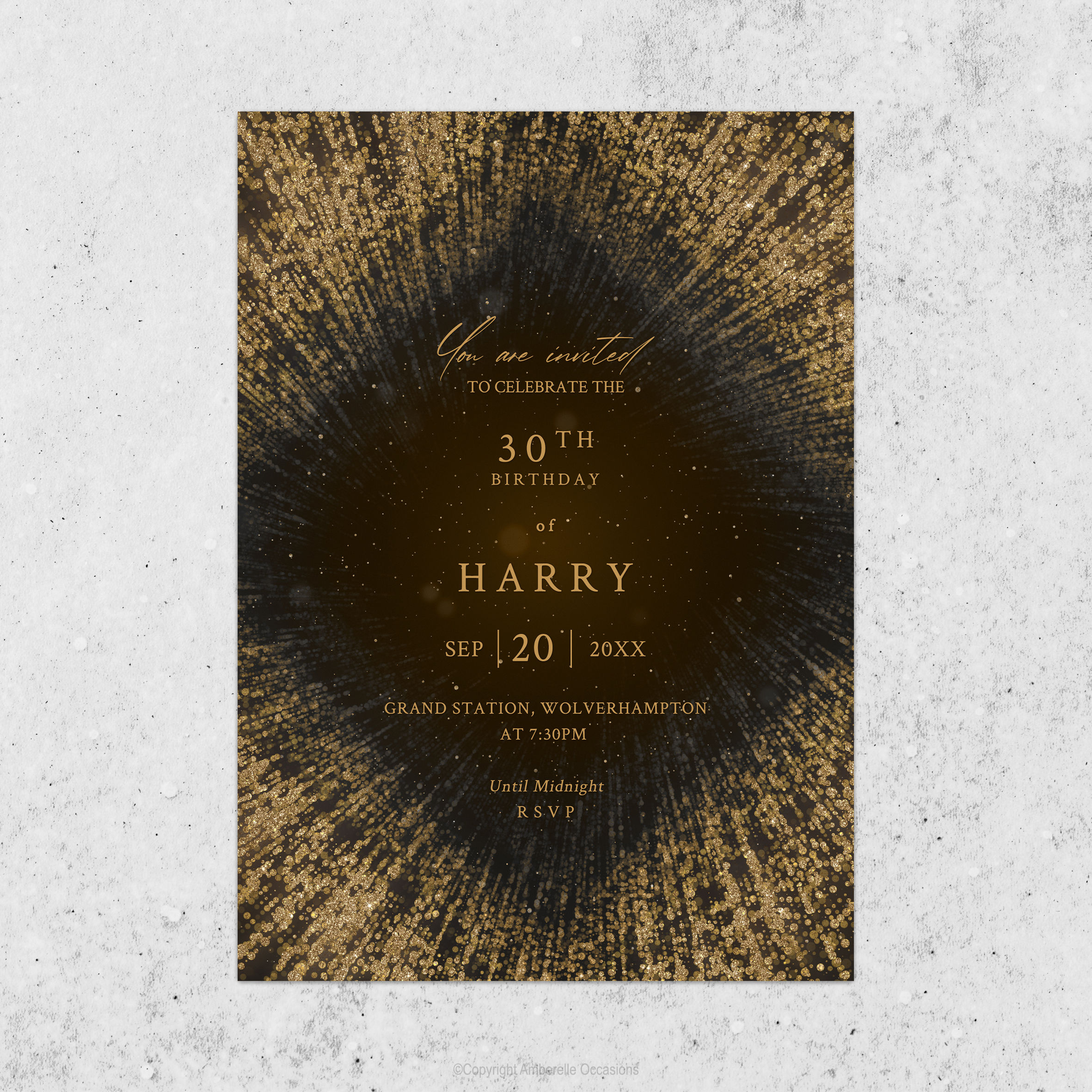 Evoke Gold Shimmer Strobe Birthday Invitation