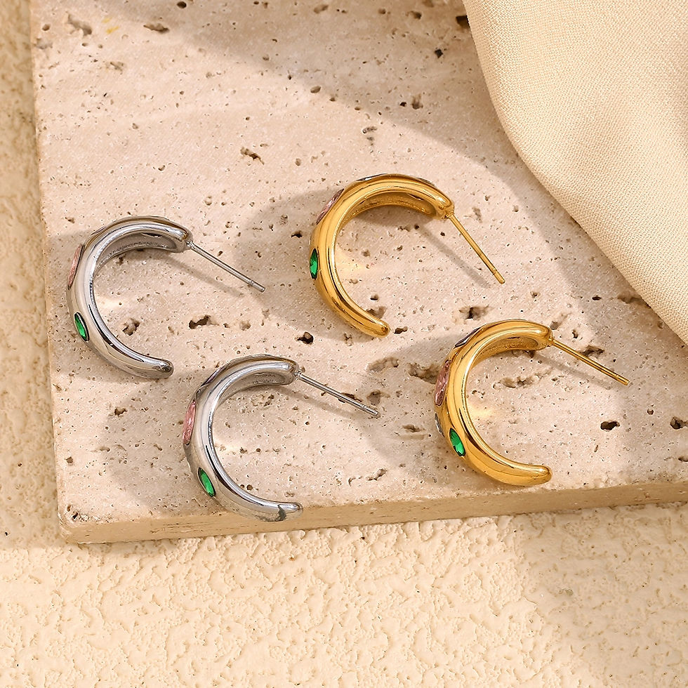 Thumbnail: ROSELLE GEOMETRIC COLOURFUL CZ (SILVER, 18K GOLD) HOOP EARRINGS