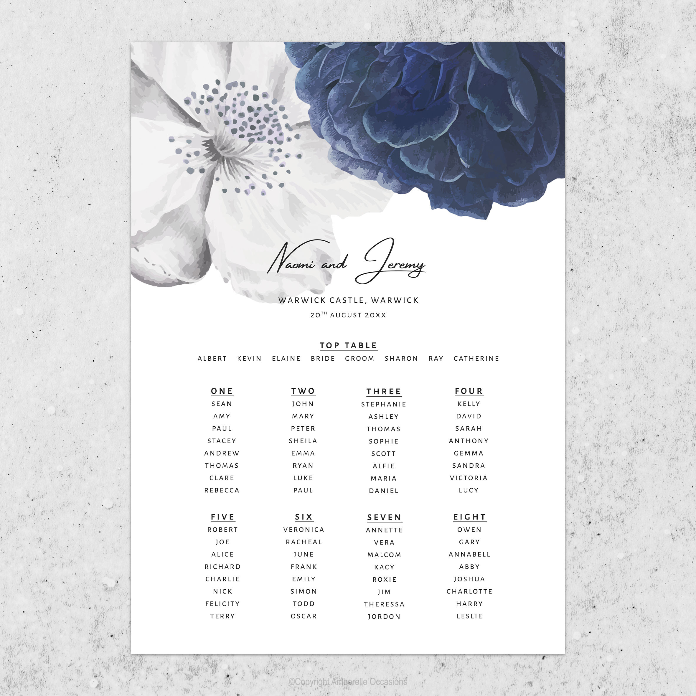 Evoke Navy Floral Wedding Table Plan