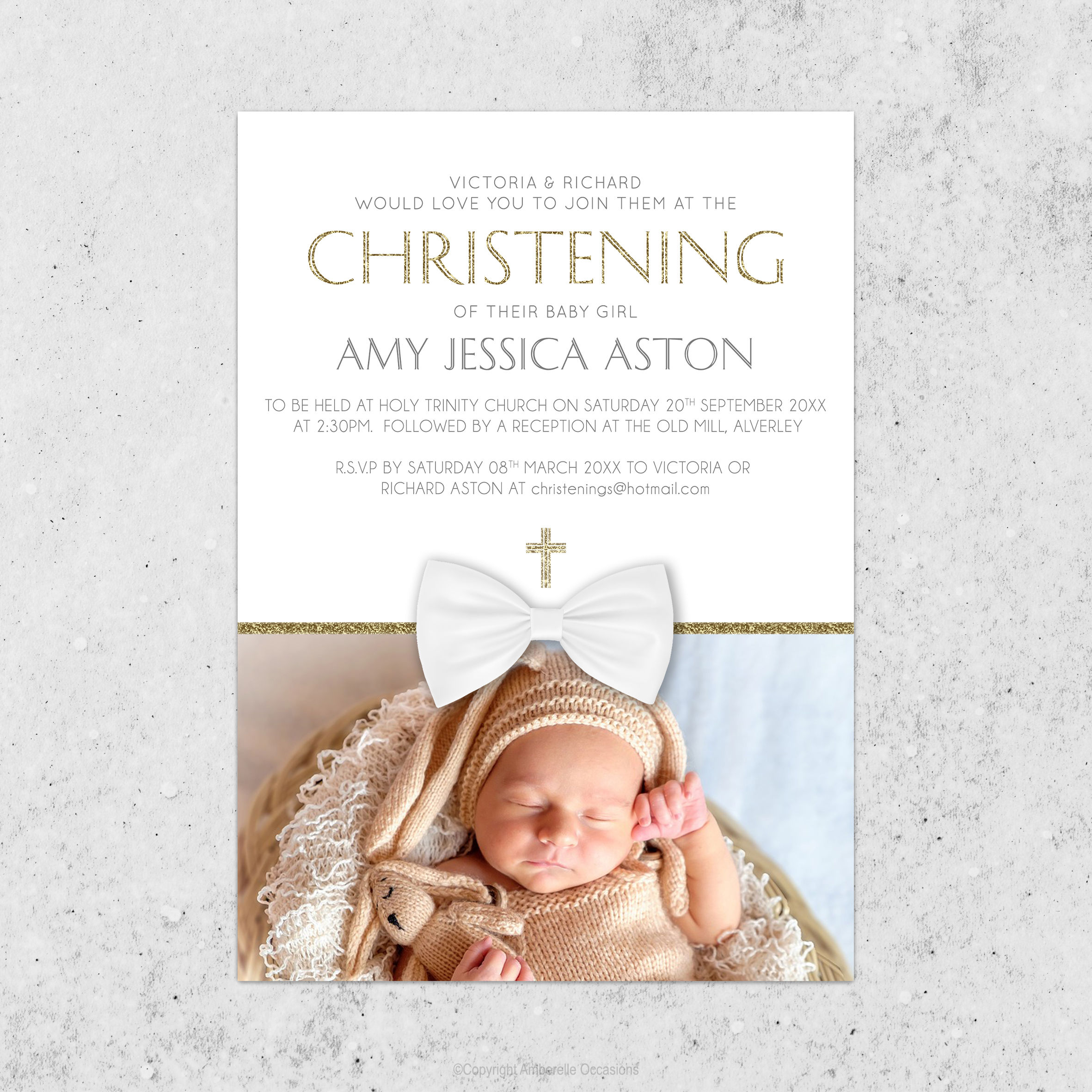 Evoke Gold Bow Photo Christening Invitation