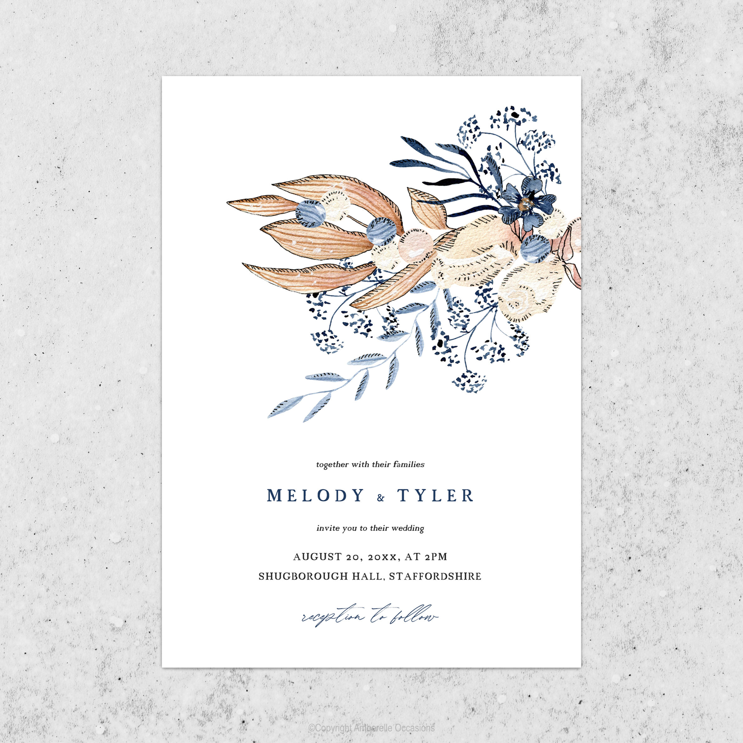 EVOKE NAVY, BLUE & PEACH WEDDING INVITATION