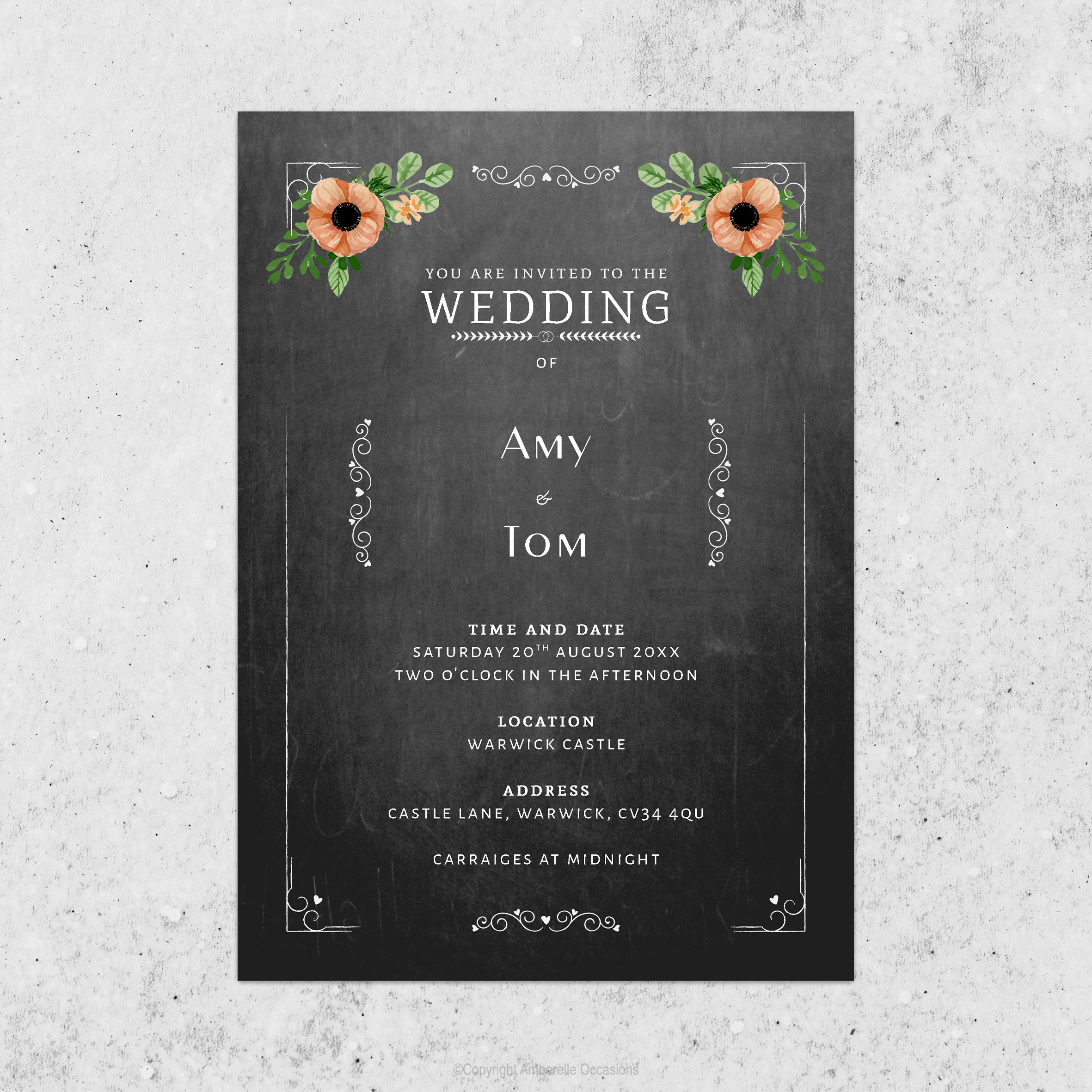 Evoke Chalkboard Bistro Floral Wedding Invitation