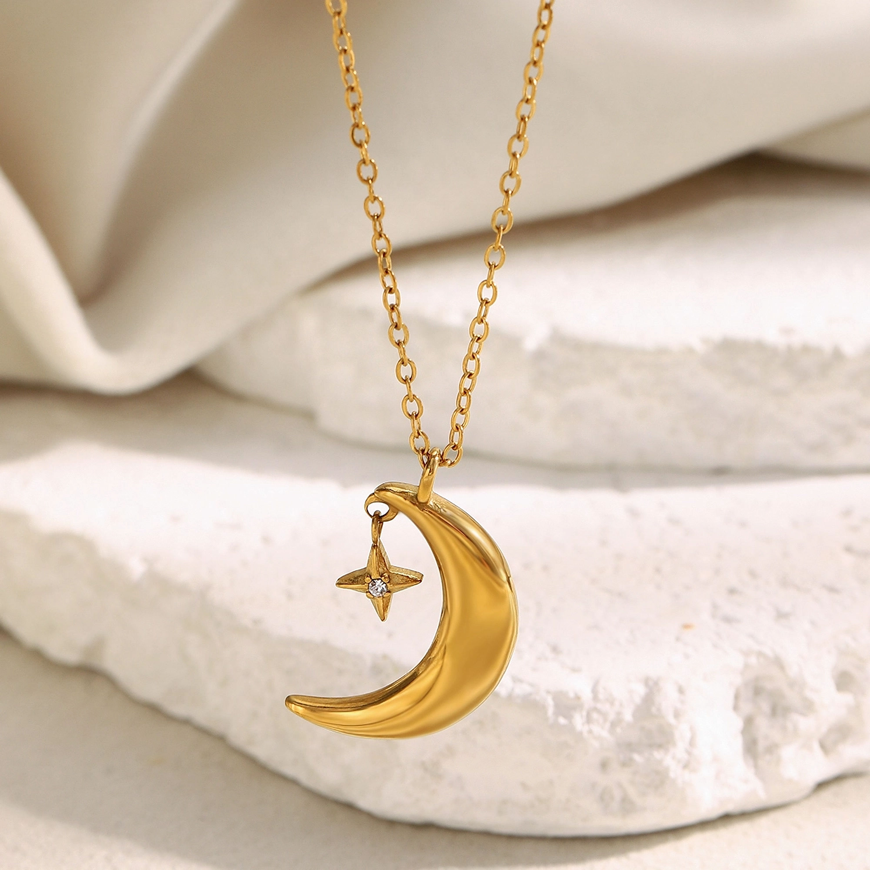 ROSELLE CRESCENT MOON STAR CZ (18K GOLD) NECKLACE