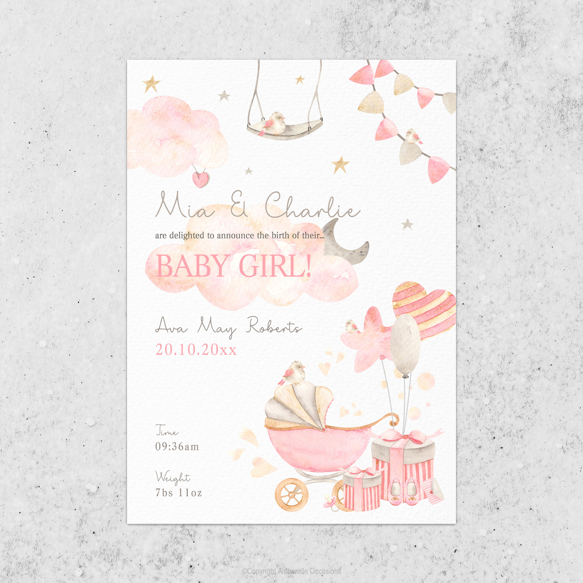 EVOKE BABY GIRL NURSERY BABY ANNOUNCEMENT CARD
