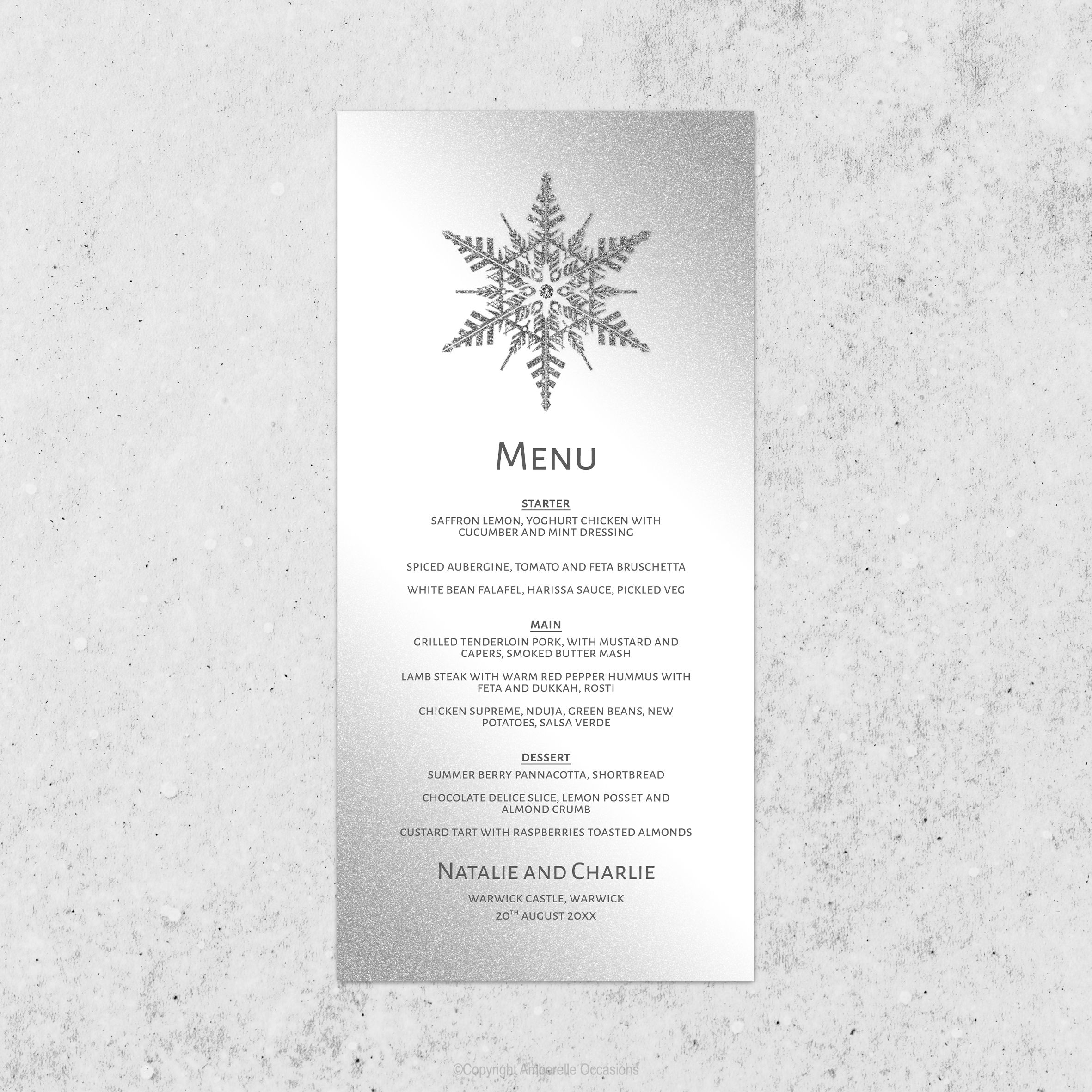 Evoke Silver Snowflake Winter Diamante Wedding Menu