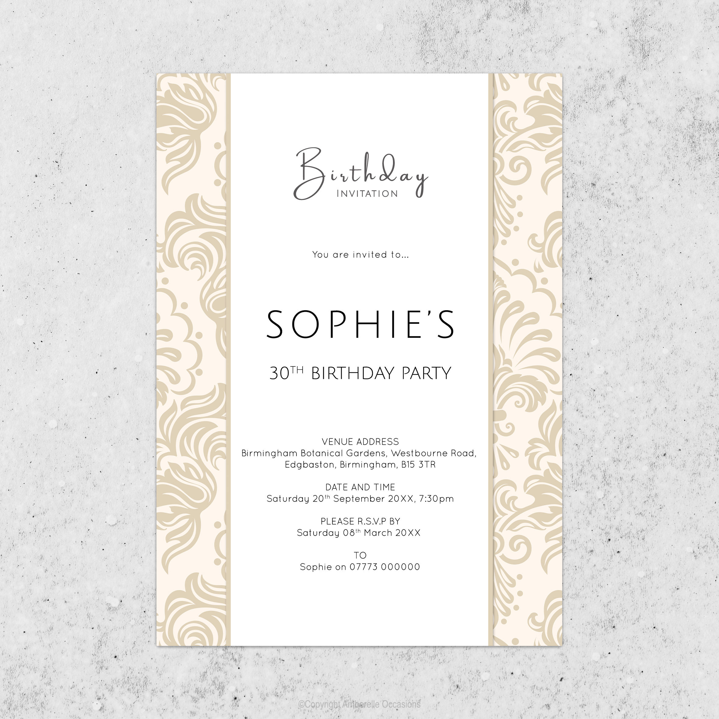 Evoke Beige Damask Birthday Invitation