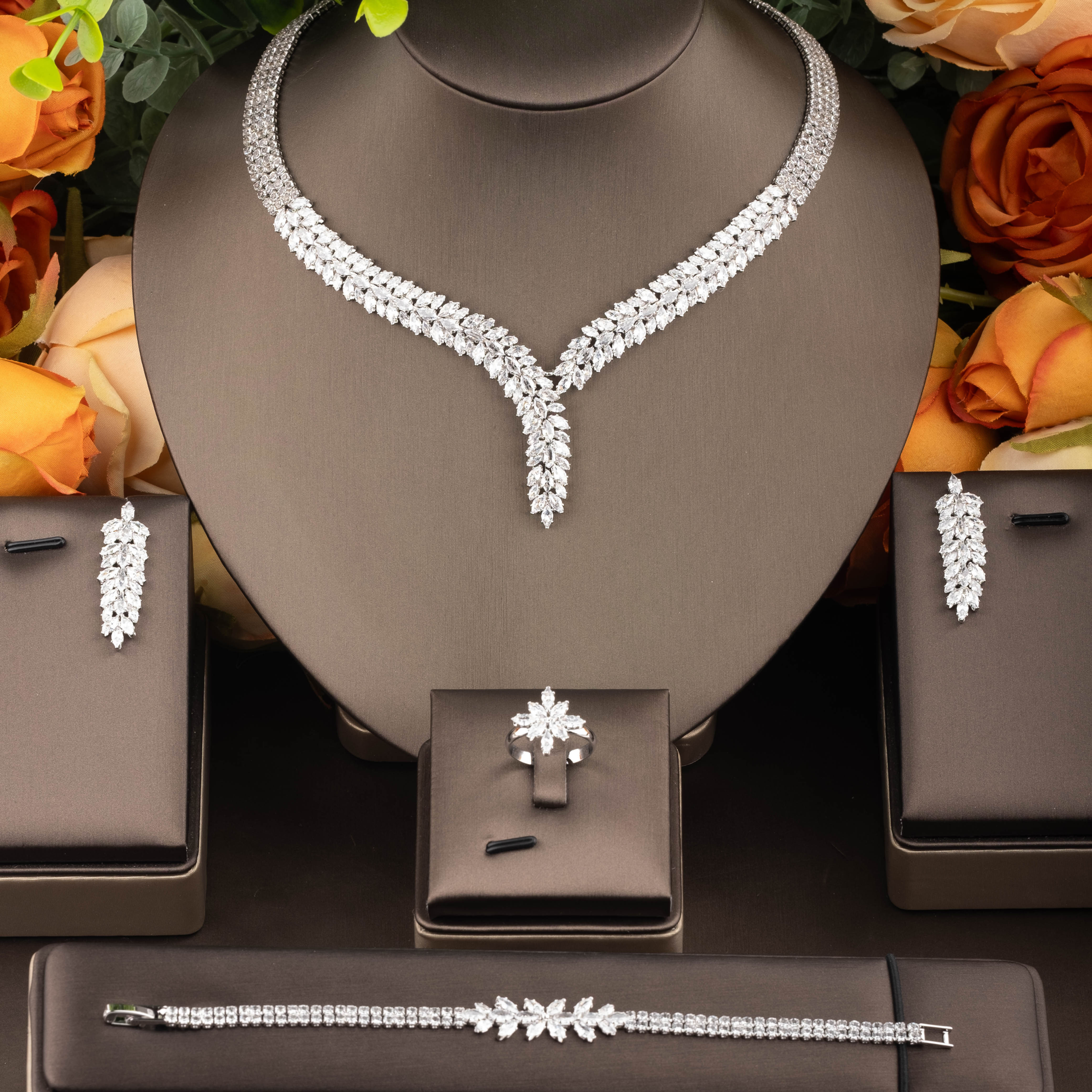 AMBERELLE CELESTE CZ (SILVER) 4 PIECE BRIDAL JEWELLERY SET