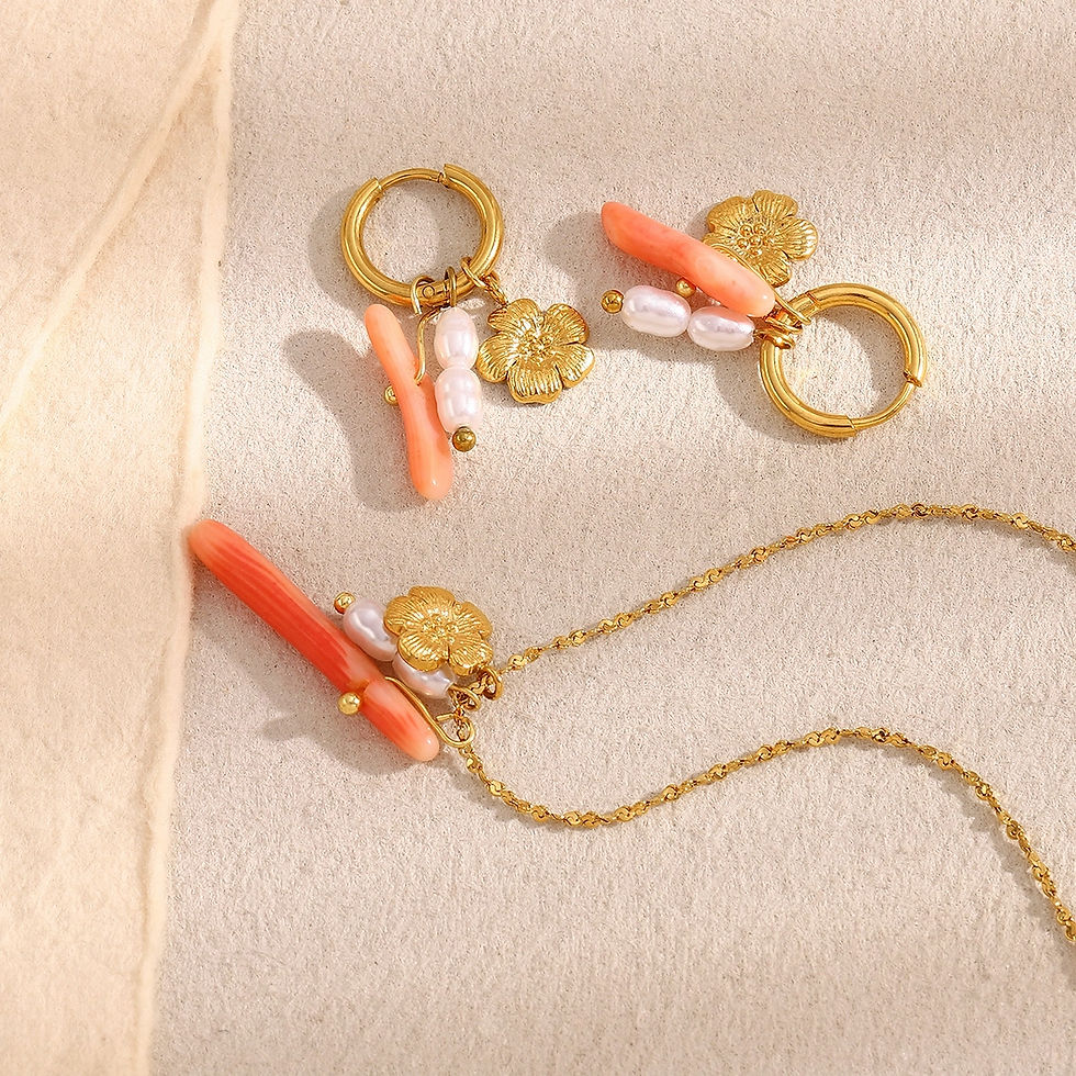 Thumbnail: ROSELLE CORAL FLOWER PEARL (18K GOLD) DROP EARRINGS, NECKLACE, BRACELET