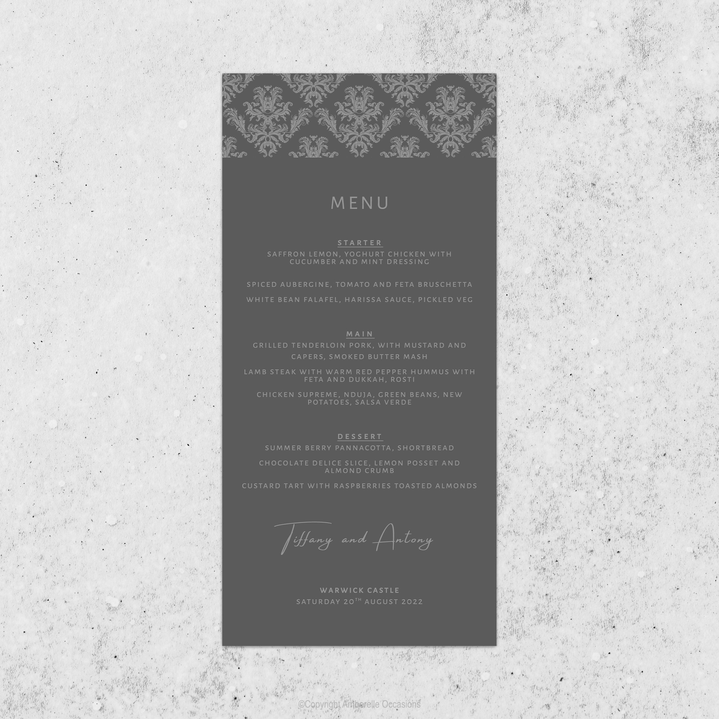 Evoke Damask Grey Wedding Menu
