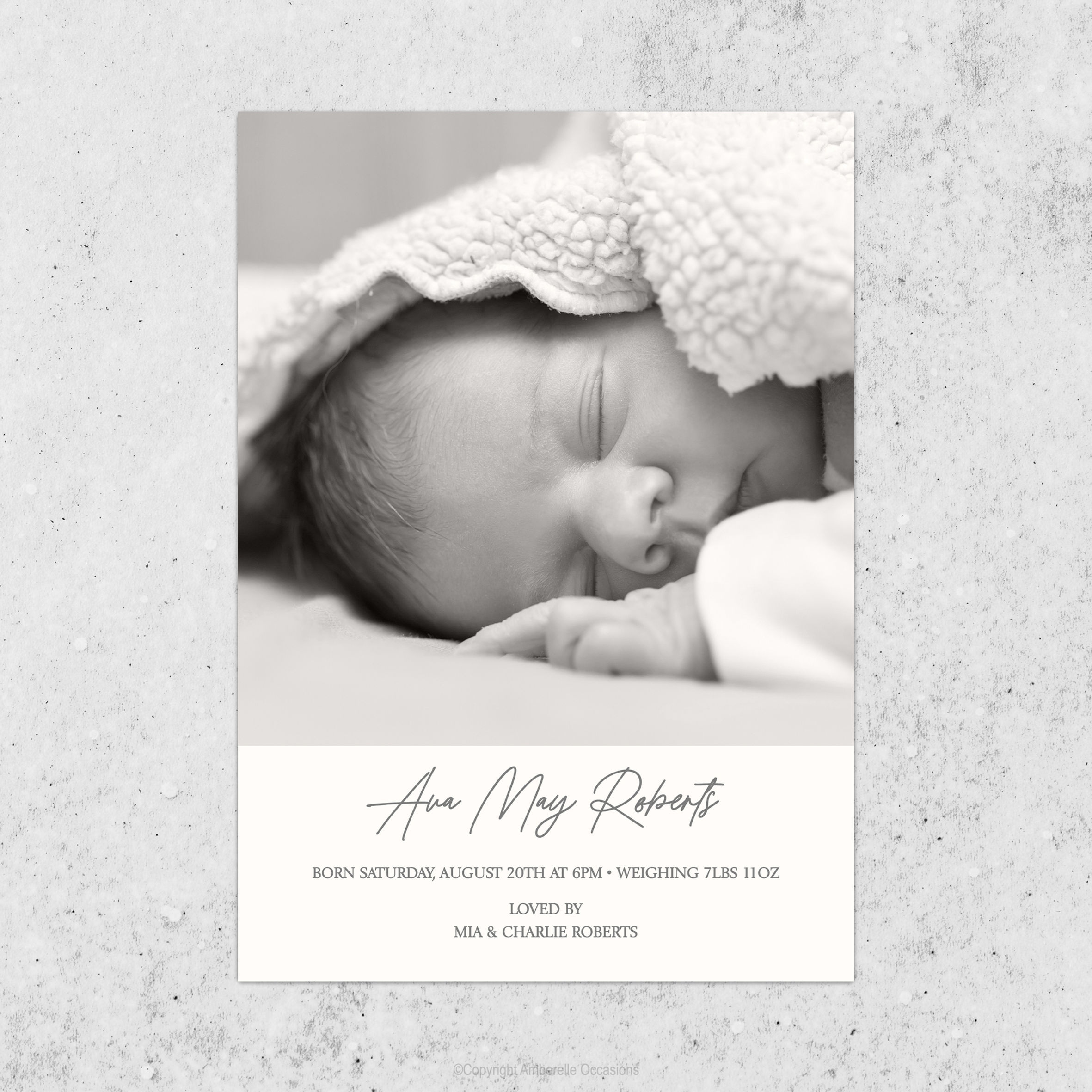 EVOKE MONOCHOME PHOTO BABY ANNOUNCEMENT CARD