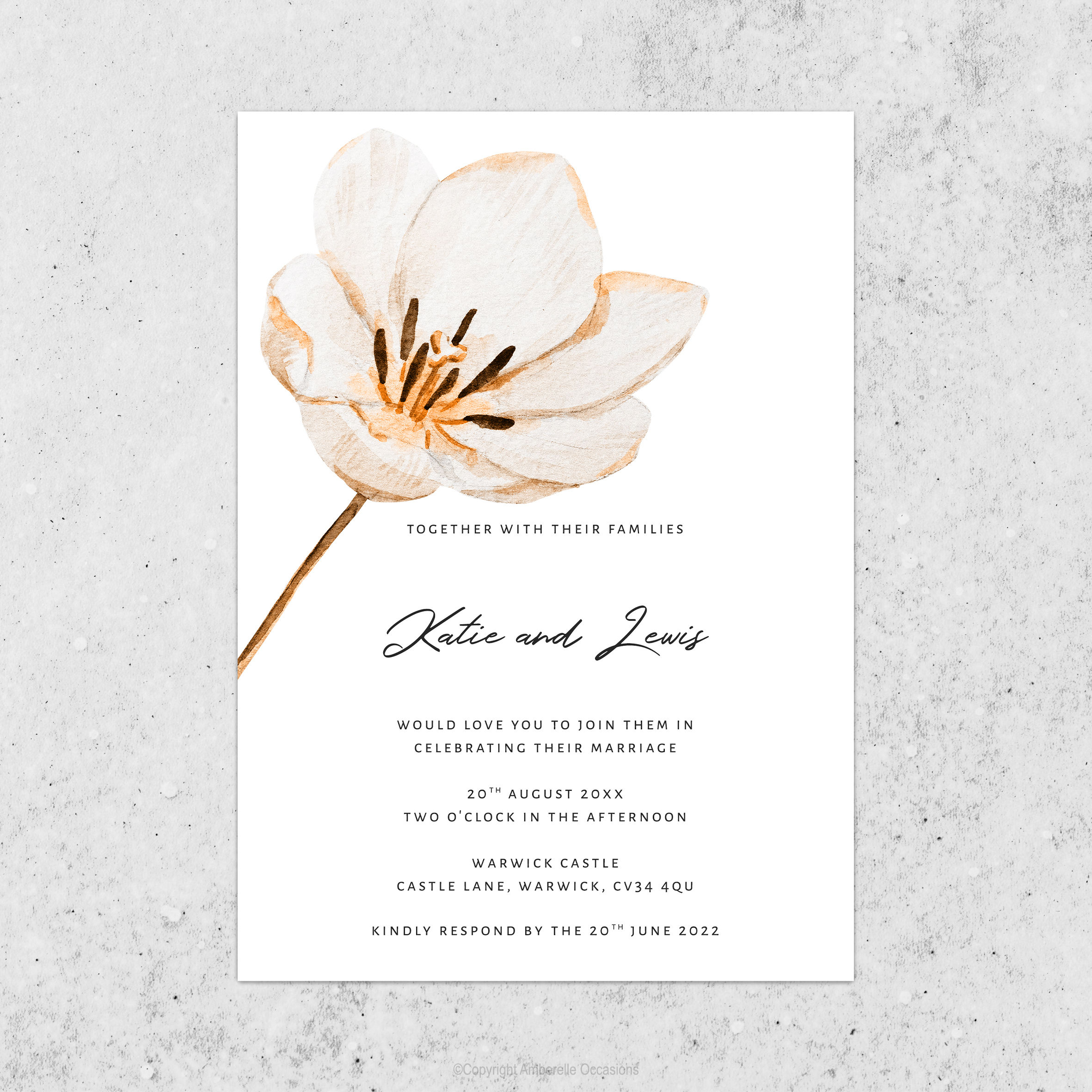 Evoke Cream Peach Lily Floral Wedding Invitation