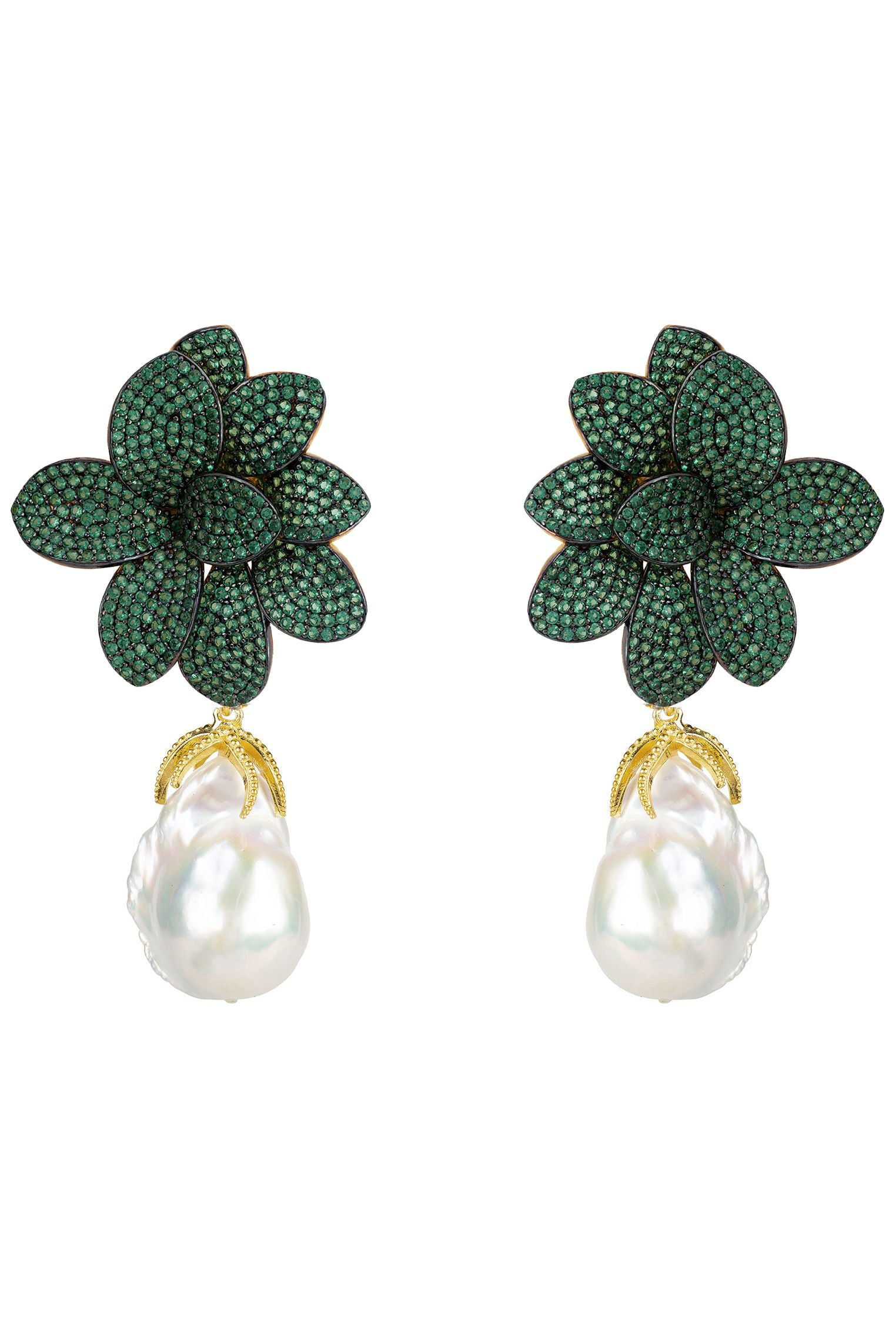 LATELITA AMARYLLIS FLOWER BAROQUE PEARL GREEN CZ (GOLD) DROP EARRINGS