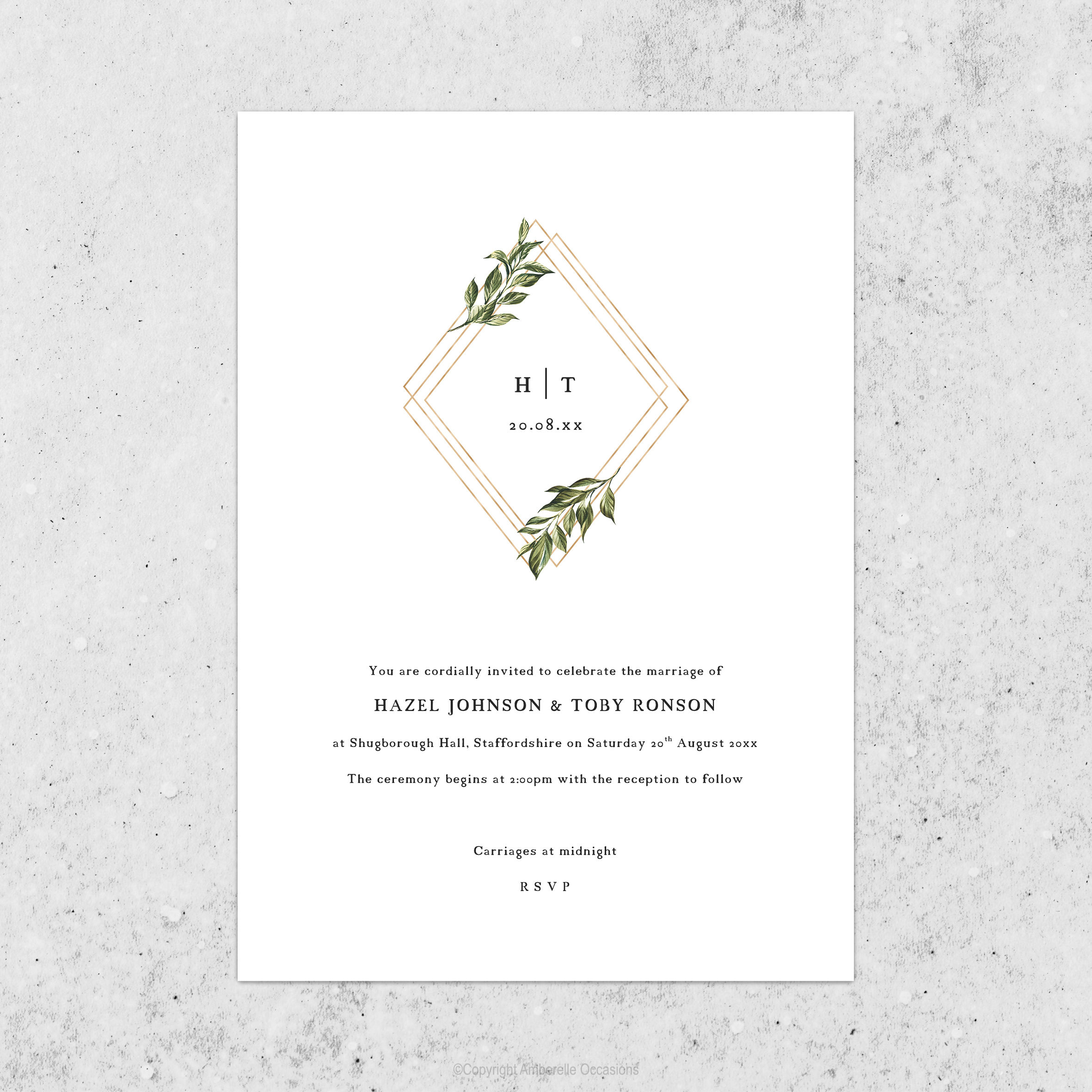 Evoke Gold Diamond Leaves Initials Wedding Invitation