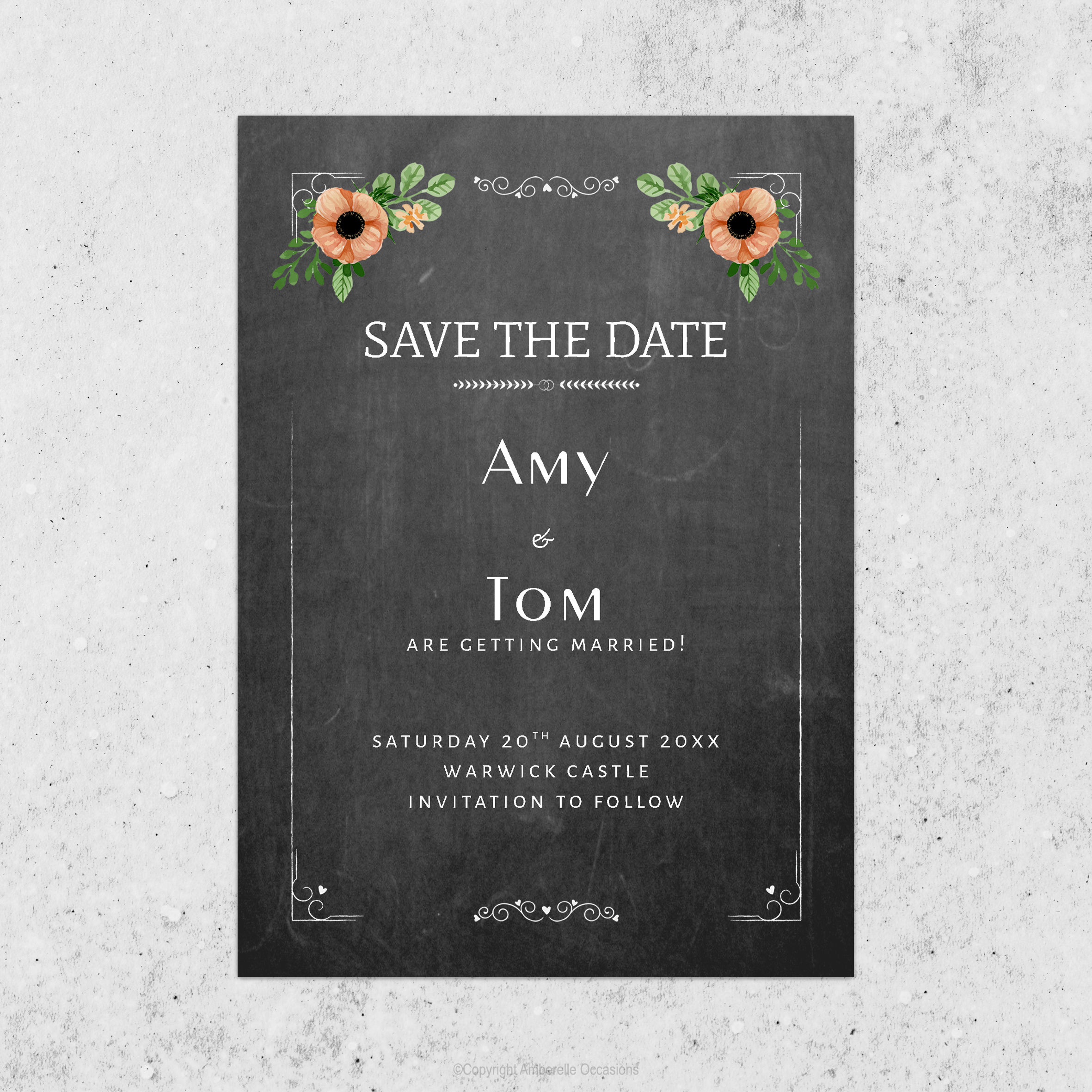 Evoke Chalkboard Bistro Floral Wedding Save The Date