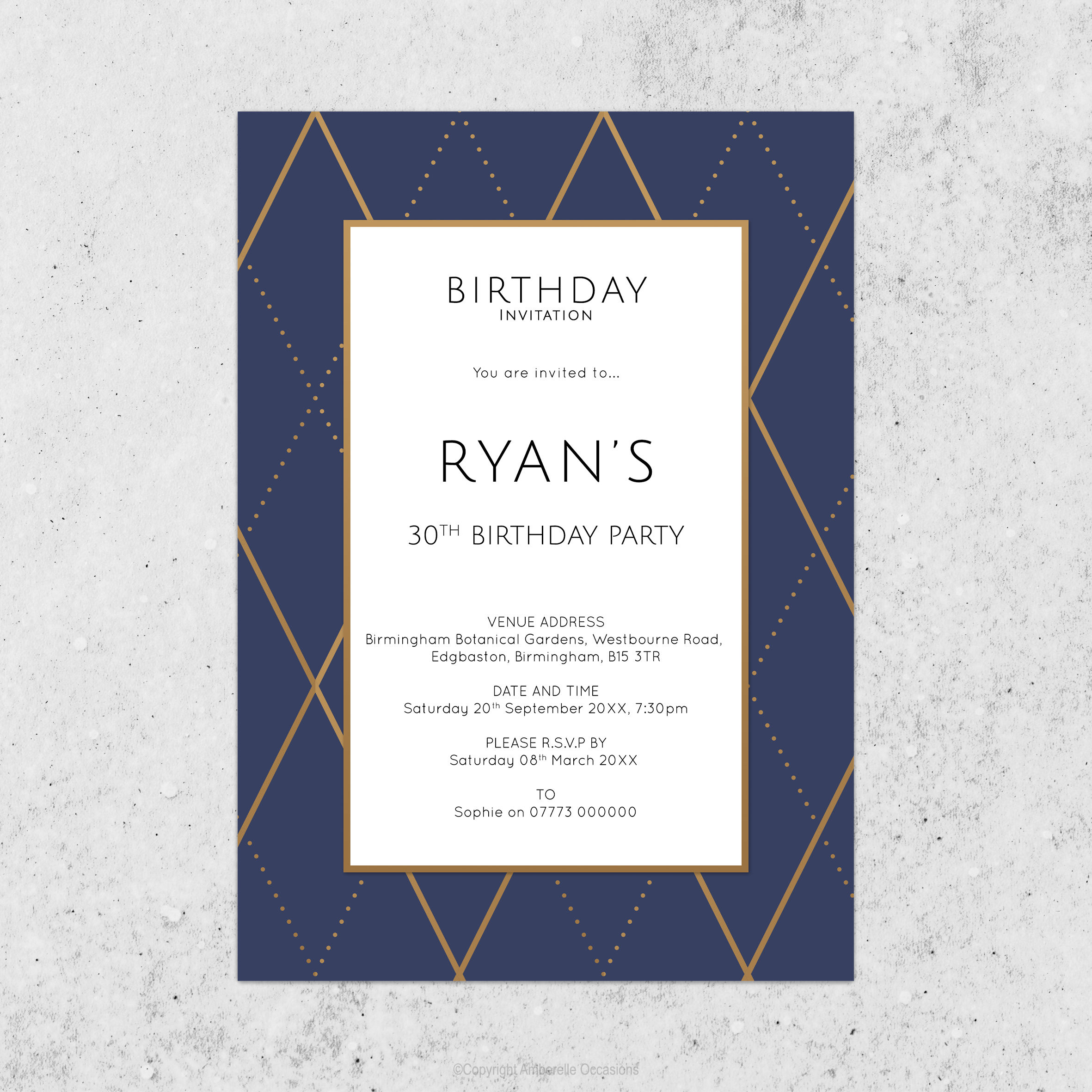 Evoke Navy & Gold Diamond Birthday Invitation