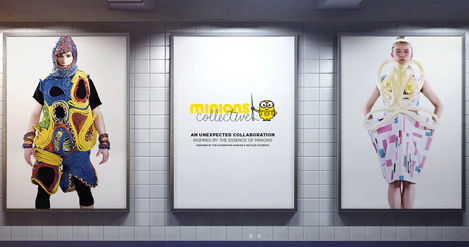 Image of London Underground station wall, with three posters showing fashion designs from the Minions Collective, created by Central Saint Martins fashion foundation students.