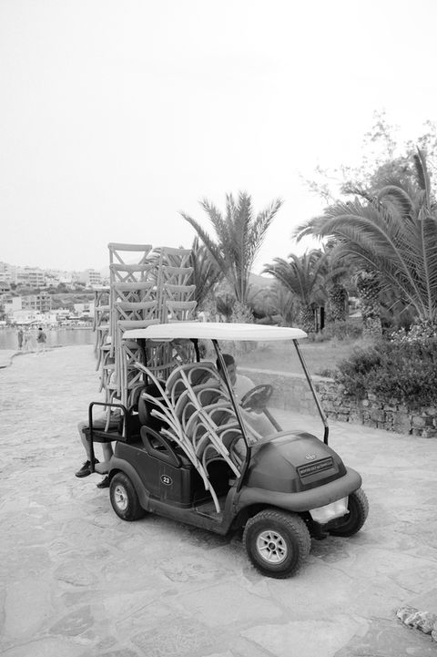 set up, gold cart, minos beach art hotel, wedding, conference crete