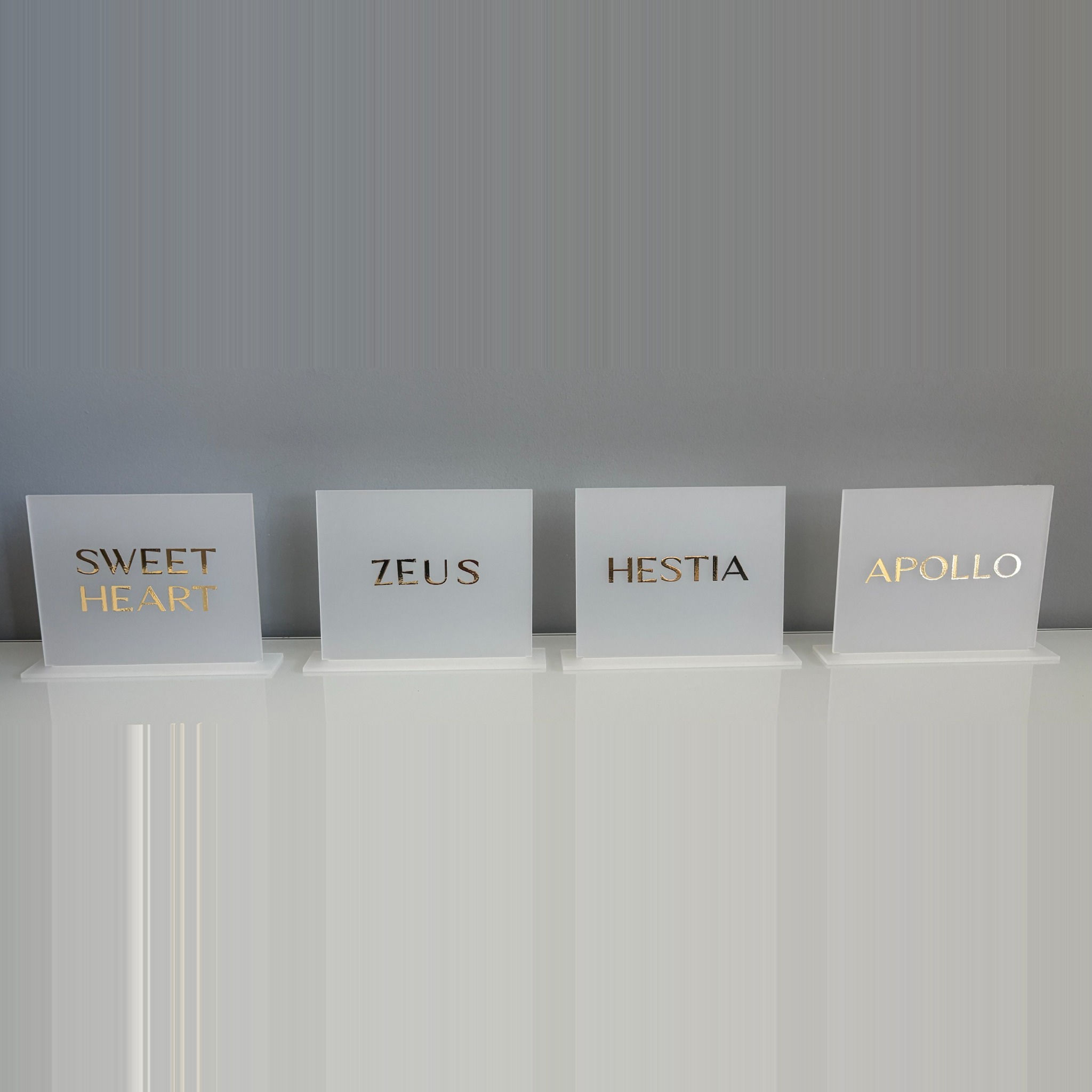 Frosted Acrylic Greek Mythology Table & Guestbook Signs – Set of 11