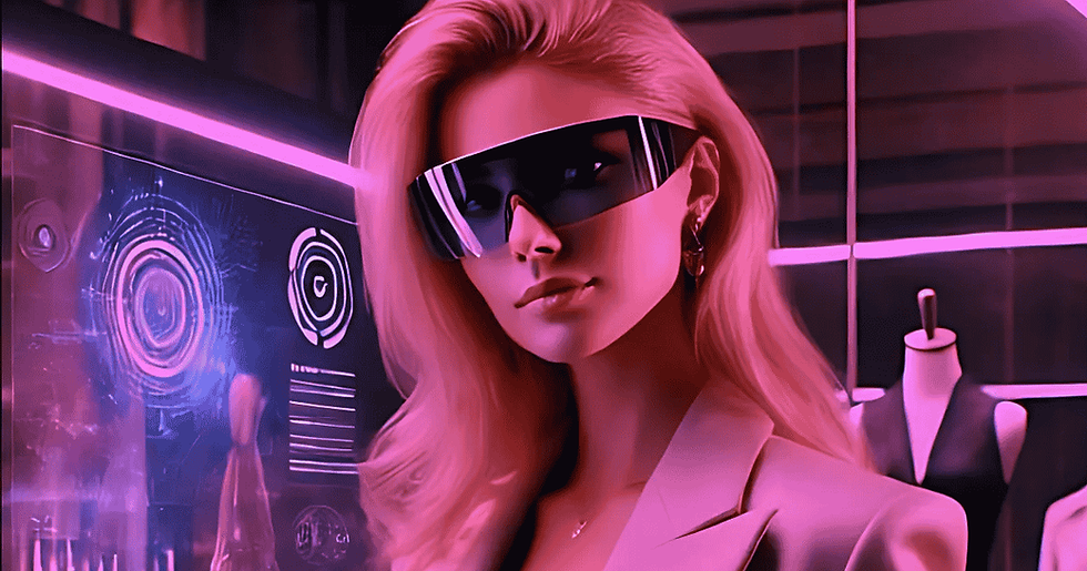 A woman with blonde hair, wearing a blazer and futuristic sunglasses, looks toward the camera in a room with pink and purple lighting. To her left is a holographic data screen and to her right is a fashion mannequin.