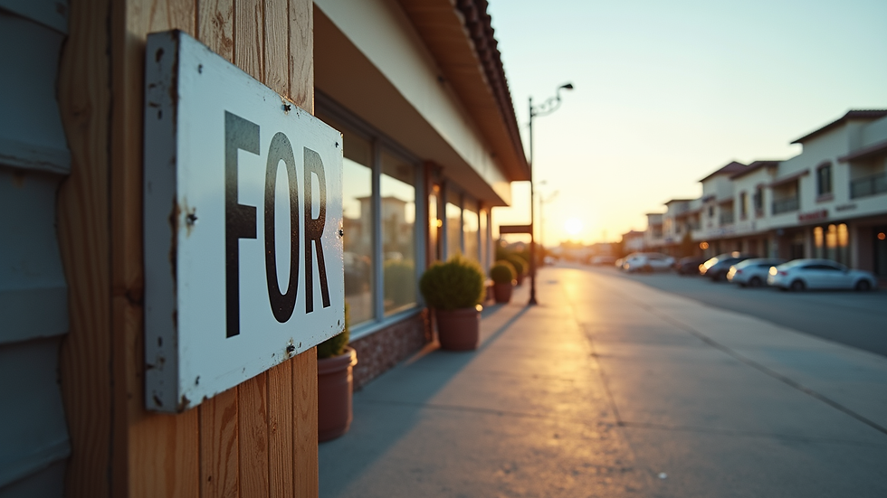 Wide angle view of a commercial property with a "For Sale" sign