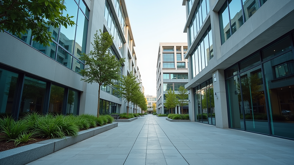 Eye-level view of a modern commercial office building exterior