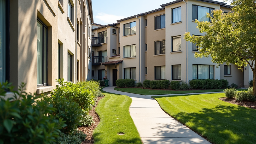 Eye-level view of a multifamily apartment building exterior with clean landscaping