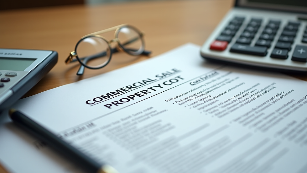 High angle view of a commercial property sale contract and calculator