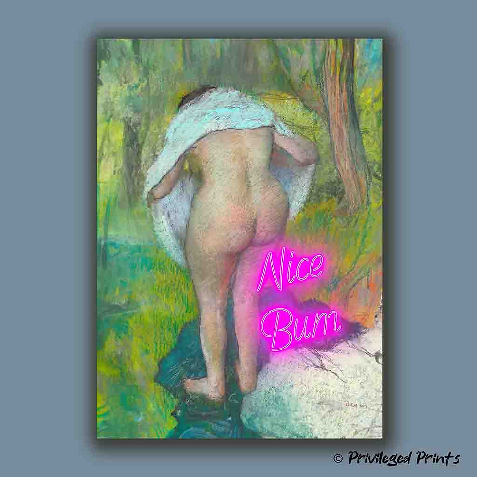 Nice Bum neon art print altered art Degas bathing woman pink neon text cheeky humour vintage bathroom wall art poster decor