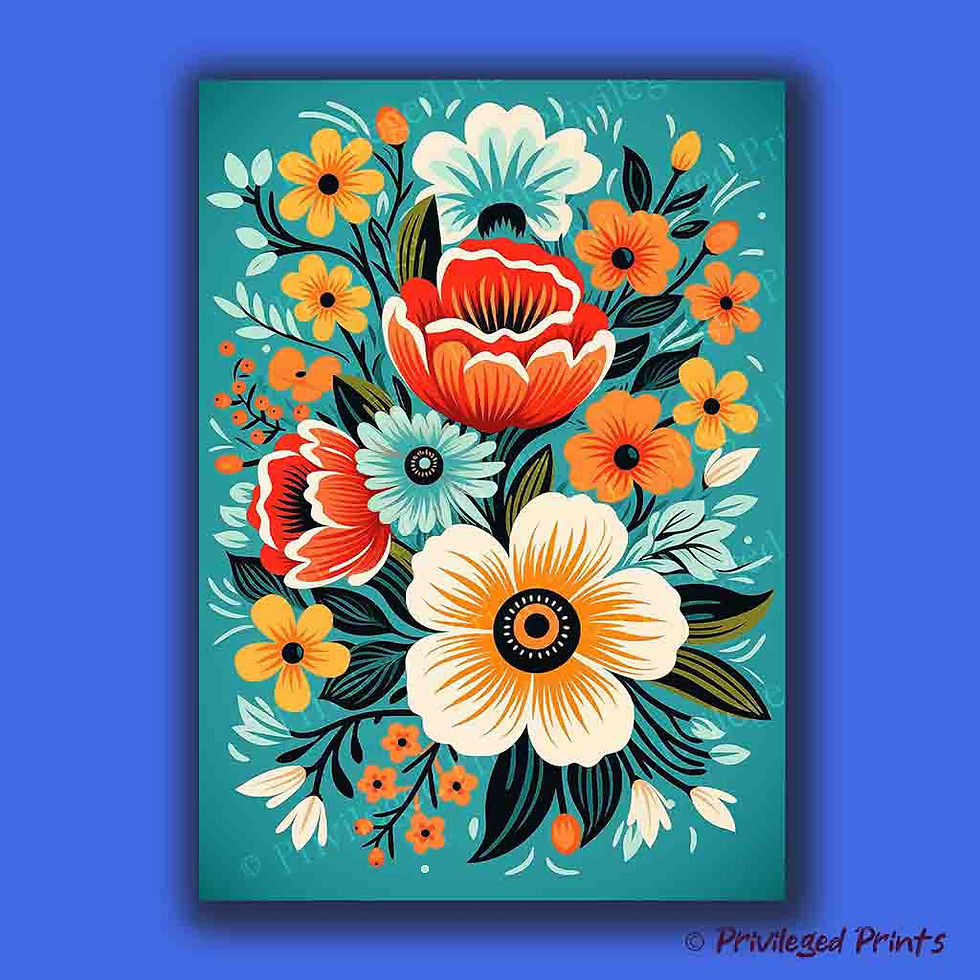 Folk Art Flower Print Orange on Teal bold traditional floral wall art vibrant orange blooms rich teal background botanical de