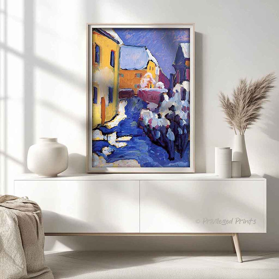 Kandinsky expressionist landscape featuring German village architecture with church, houses and cemetery in vibrant blues, ye