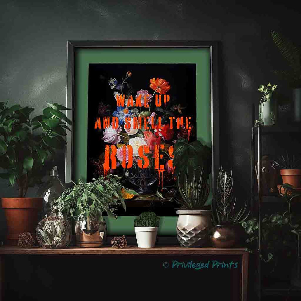 Thumbnail: Gothic Dutch floral graffiti print Wake Up Smell Roses bold orange street art botanical wall decor dark background