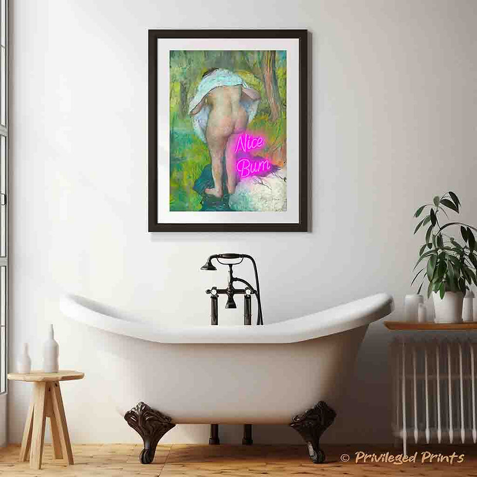 Nice Bum neon art print altered art Degas bathing woman pink neon text cheeky humour vintage bathroom wall art poster decor