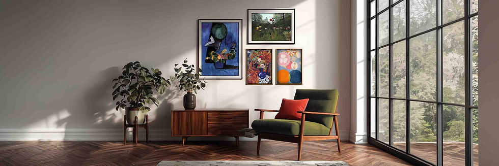 Famous artist floral paintings styled as a fine art gallery wall in a bright contemporary interior with elegant botanical and flower artwork.