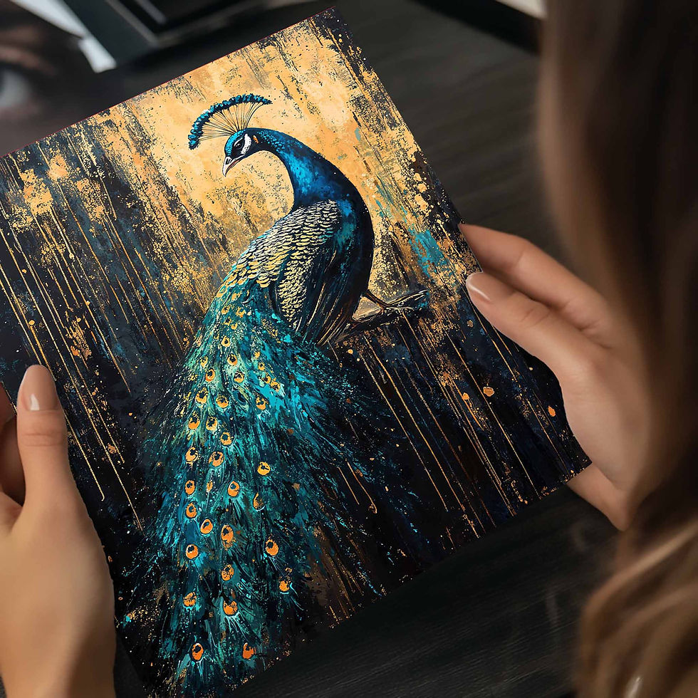a close-up of a dramatic gold artwork of a peacock in blacks and dark blues