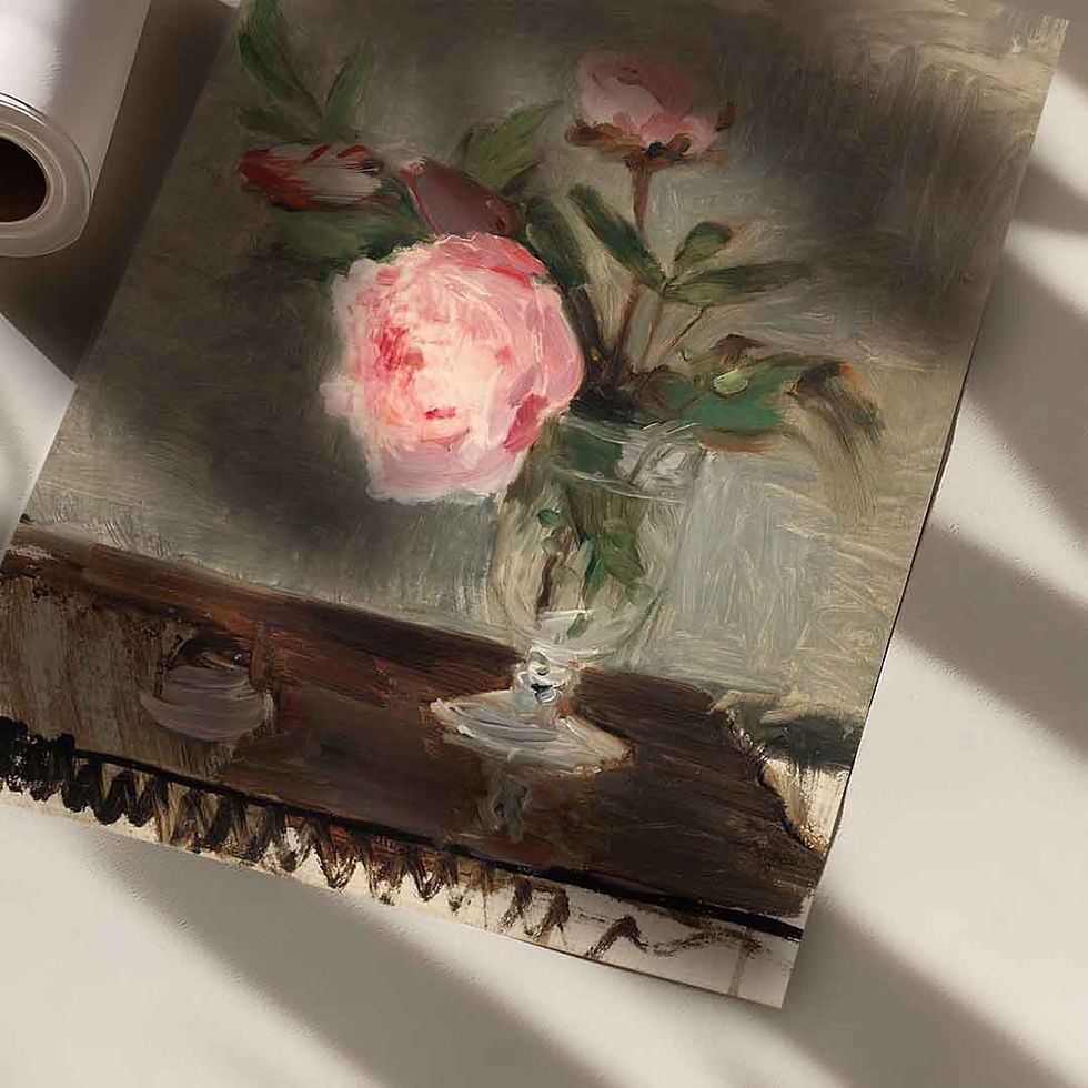 Thumbnail: Close-up of Berthe Morisot’s Peonies print showing soft pink flowers, a glass vase and loose impressionist brushstrokes.