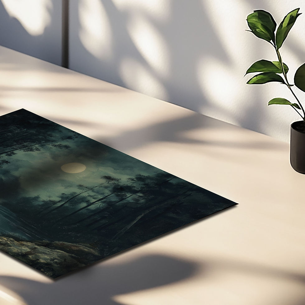 a close-up of a dark and moody landscape of a river by moonlight, in a gothic style