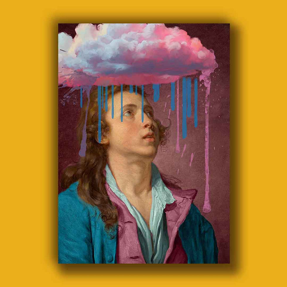 Altered art print of vintage male portrait with pink clouds