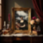 Framed altered art portrait with storm clouds in a maximalist interior