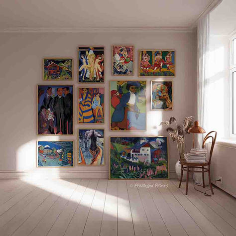 A collection of bold colourful art prints of Franz Marc's modern masterpieces arranged into a gallery wall display