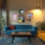 Contemporary teal-toned living room styled with the Abstract Anchor gallery wall collection by Privileged Prints, featuring g