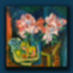 Flat lay of Ernst Ludwig Kirchner’s Pink Roses art print featuring expressive pink roses with vivid green and blue tones.