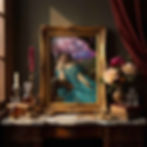 Framed altered art portrait with pink clouds in a maximalist interior