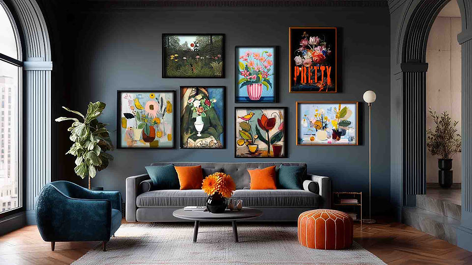 a collection of floral art prints, in a bold maximalist interior