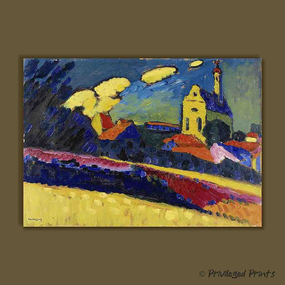 Kandinsky Landscape with Church Murnau art print showing dramatic countryside with yellow church and bold expressionist colou