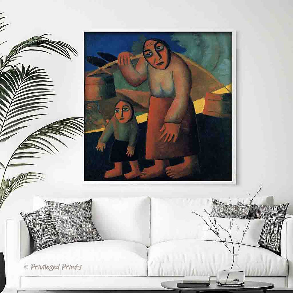 Russian pioneer abstract artist bold figurative mother child working family wall art